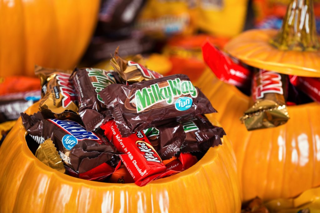 Halloween candy in pumpkin bowl